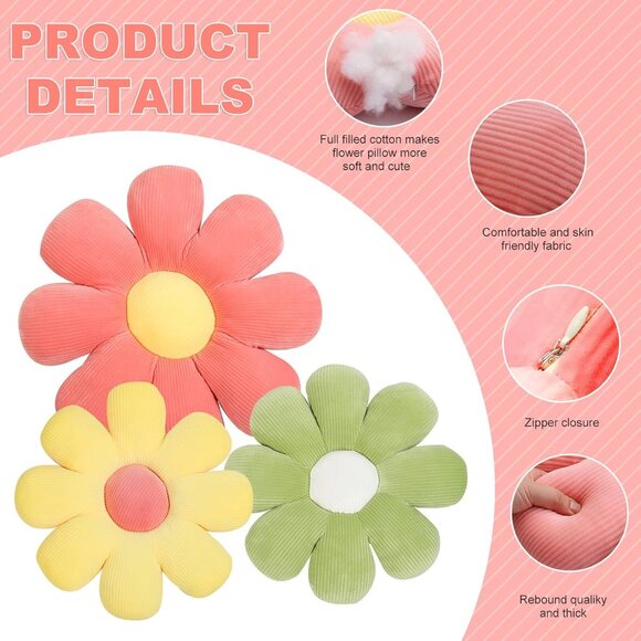 Daisy Flower Accent Pillows Seat Cushions Throw Pillows Room Decor 3PC Set - Picture 5 of 5